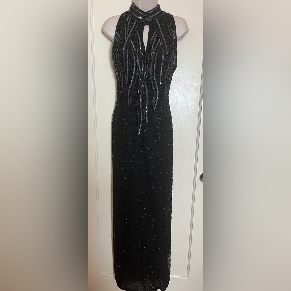 Jakelin Silk Sleeveless Beaded Gown with High Neck, Keyhole Front, and Open Back